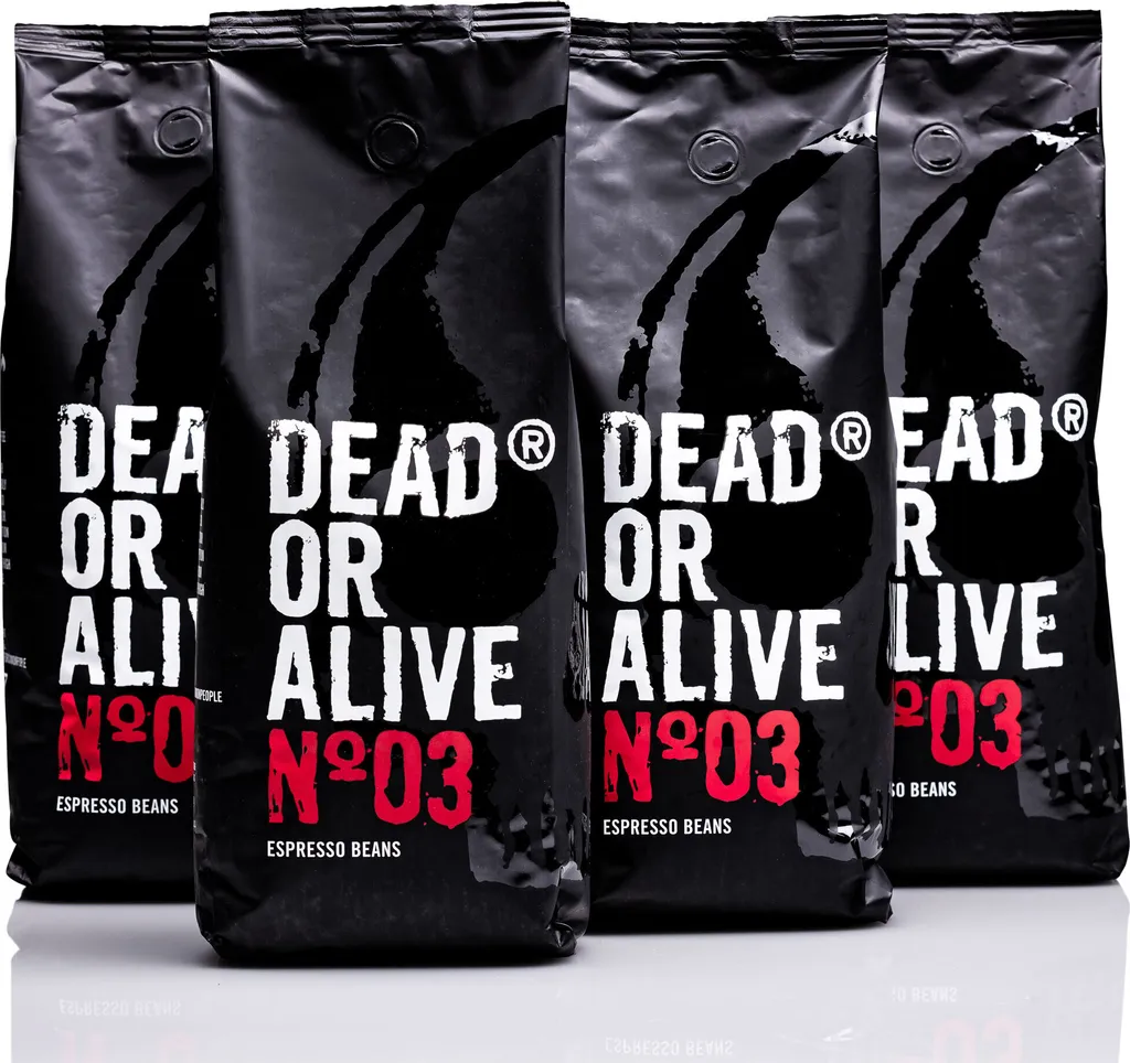 DEAD OR ALIVE COFFEE Espresso No. 3 - Strong Espresso Beans 4 x 1 kg - 100% Robusta - Coffee Beans for Fully Automatic Coffee Machines and Portafilters - 4 kg Whole Beans
