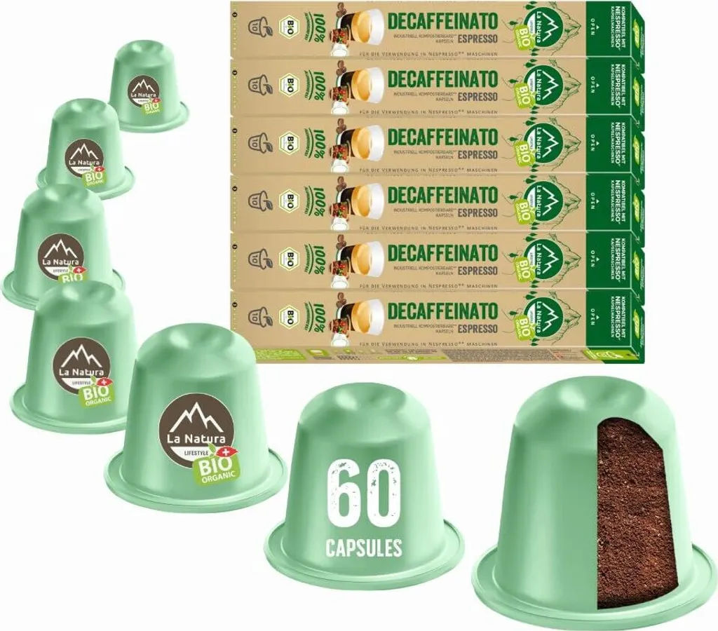 Decaffeinato Espresso Coffee - 60 Coffee Capsules | La Natura Lifestyle Organic 306g | Bio-based | Nespresso®*³ compatible