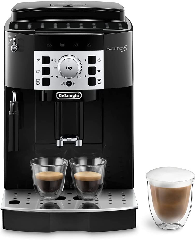 DeLonghi De\'Longhi Magnifica S ECAM 22.110.B fully automatic coffee machine with milk frother for cappuccino, with espresso direct selection buttons and rotary control, 2-cup function, 1.8 liter water tank, black / silver