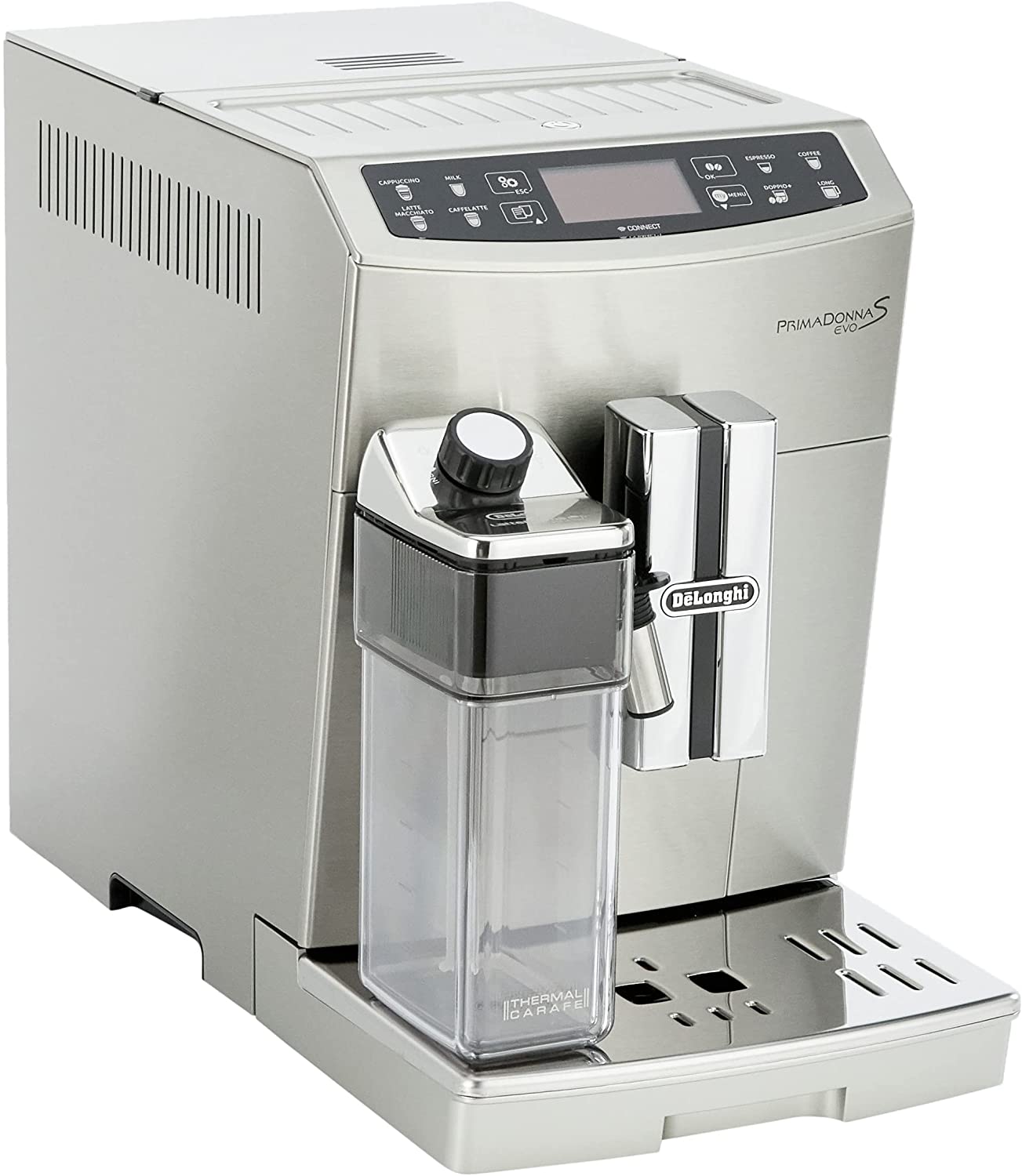 DeLonghi PrimaDonna S Evo ECAM 510.55.M Fully Automatic Coffee Machine, 1450 W, Digital Display, Integrated Milk System, App Control, Stainless Steel Case, Favourite Drinks at the Push of a Button, Silver, Coffee machine