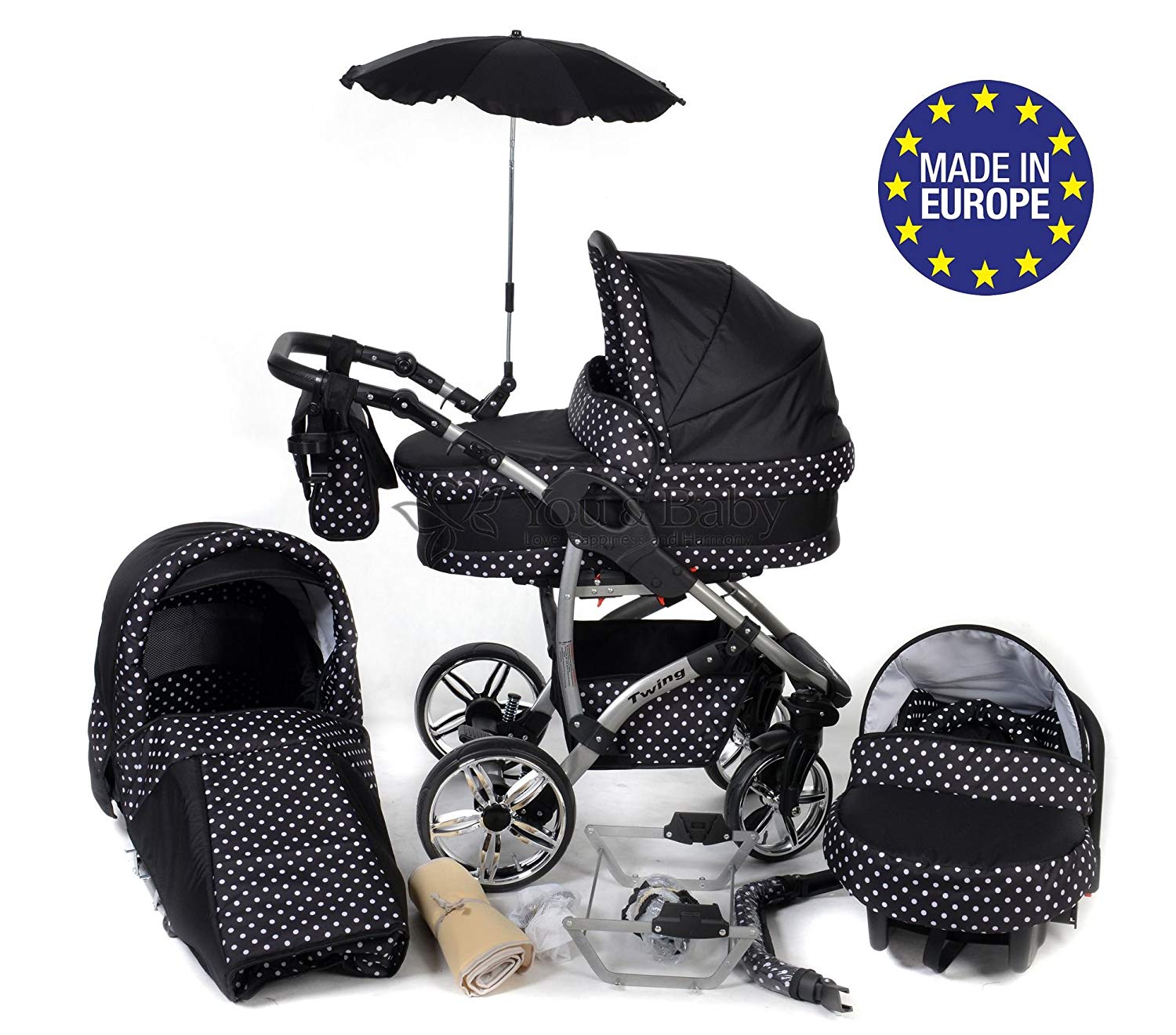 Twing – 3 in 1 Travel System Including Pushchair with Swivel Wheels, Car Seat, Pushchair & Accessories, Black and White Polka Dot Design