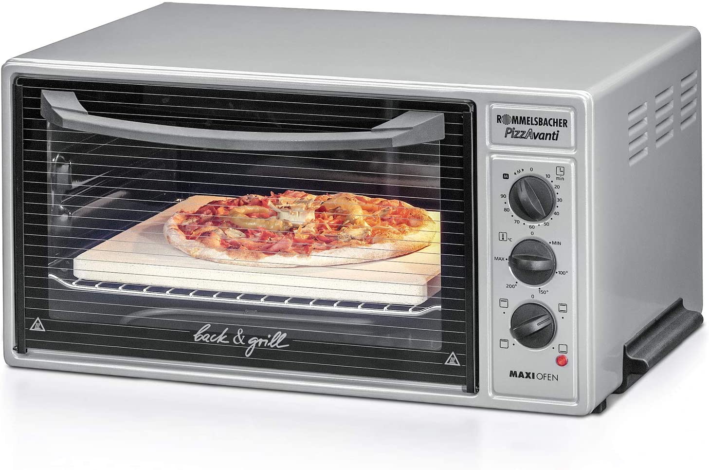 ROMMELSBACHER Maxi Oven BG 1600 - 40 Litre Baking Chamber, Temperature from 60 - 250 °C, 4 Heat Types, 1600 Watt & Pizza / Bread Baking Stone Set PS 16 - Stone Made of Natural Fireclay 35 x 35 cm, Includes Wooden Shovel