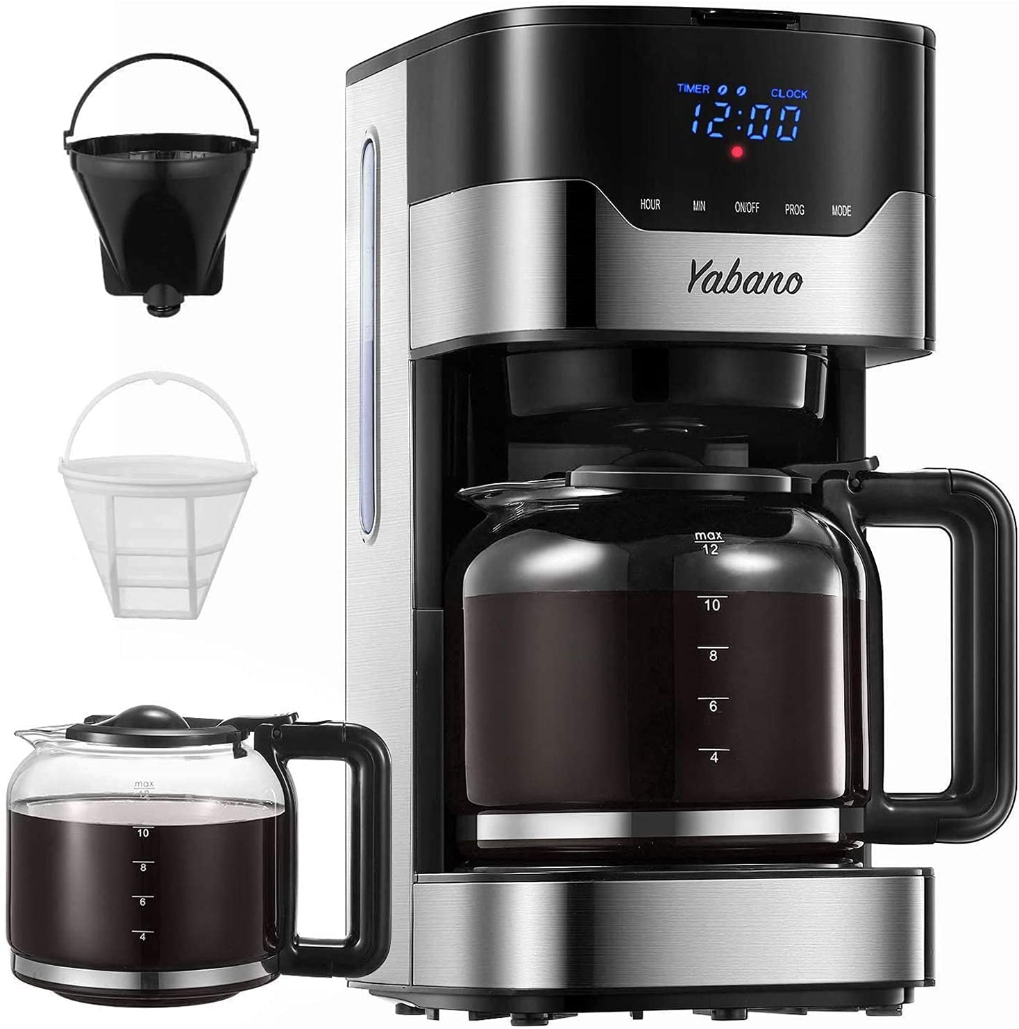 Yabano Filter Coffee Machine Digital with Timer, AromaSelector, Permanent Filter, Touch Screen, 900W, 1.5 L, Stainless Steel
