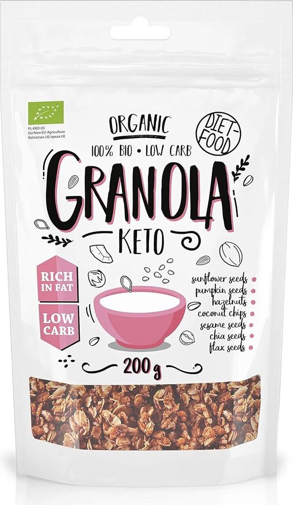 Diet-FoodKeto Granola, Frühstücksmüsli mit Mineralien und Vitaminen, 1 x200g