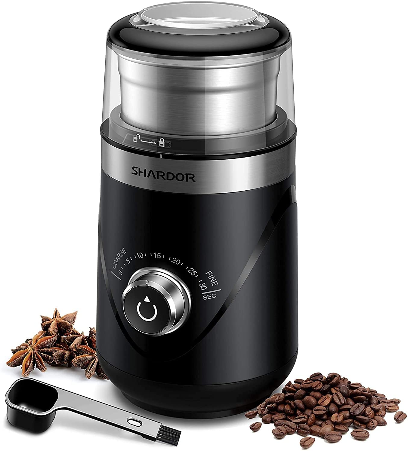 SHARDOR Coffee Grinder, Electric Spice Mill, Quiet, Precise, Adjustable Grinding Level, Coffee Grinders, Stainless Steel Knife for Coffee Beans, Nuts, Spices, Cereals, Herbs, Sugar Mill, 80 g, Removable