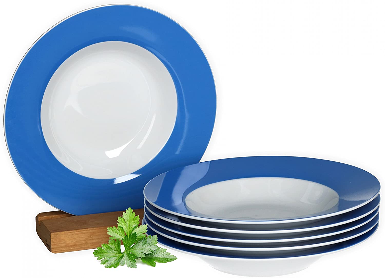 Van Well Vario Soup Plate Set 6 Pieces I Plate Service for 6 People I Deep Pasta Plate 21.5 cm I Porcelain Set White with Blue Rim I Salad Plate Microwavable