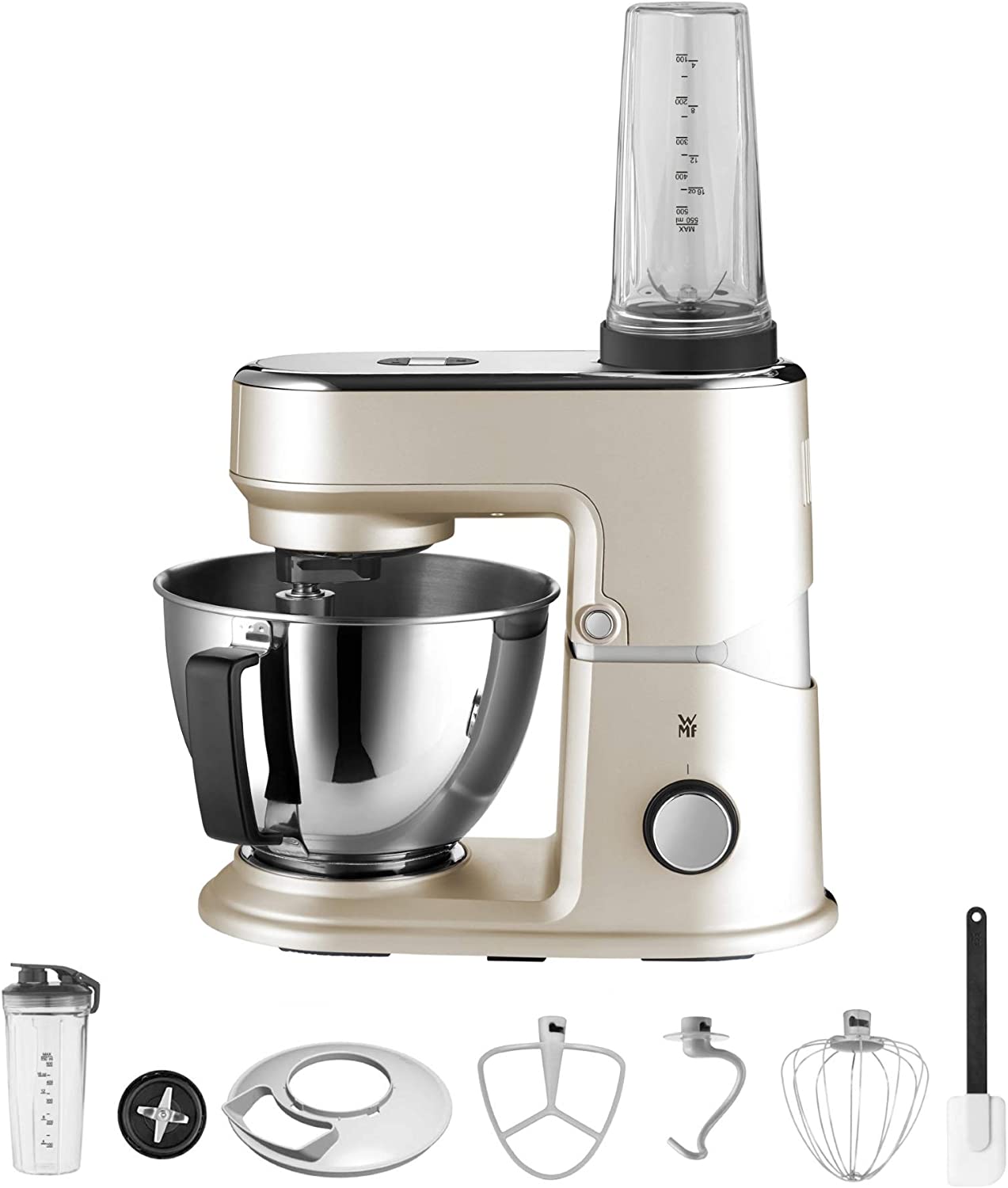 WMF Küchenminis Edition Mini Food Processor, Space Saving Mixer for Smoothies, 3L Bowl, Soft Start, Planet Mixer, 8-Stage Kneading Machine, 3 Mixing Tools, 43 W, Matte Stainless Steel, Beige