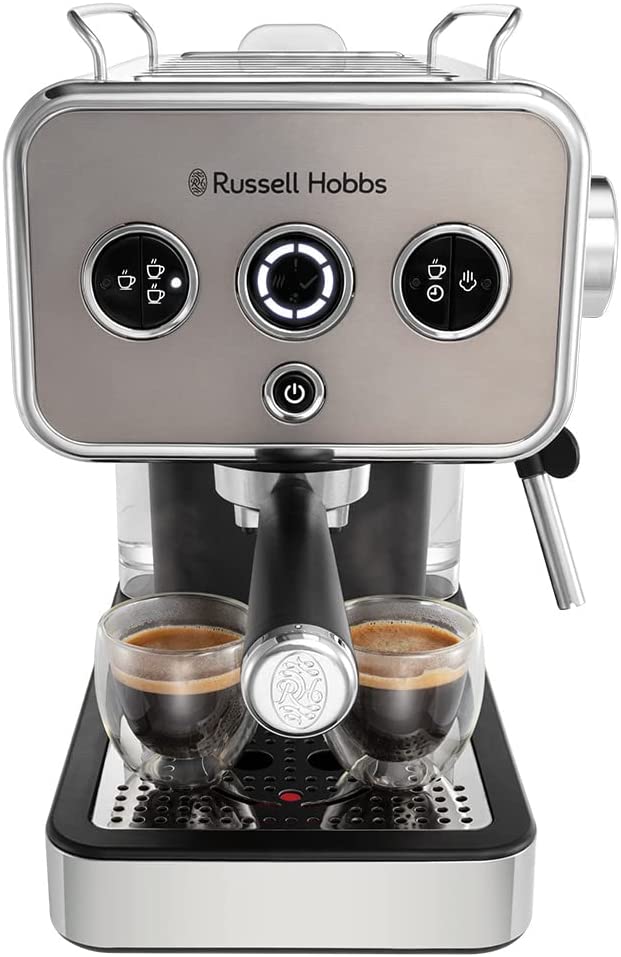 Russell Hobbs Espresso Machine [Portafilter Machine] Distinction Stainless Steel Titanium (15 Bar, Insert 1 & 2 Cups, ESE Pads, Automatic Dosing & Man.Option, Steam Nozzle for Hot Water & Milk Foam) 26456