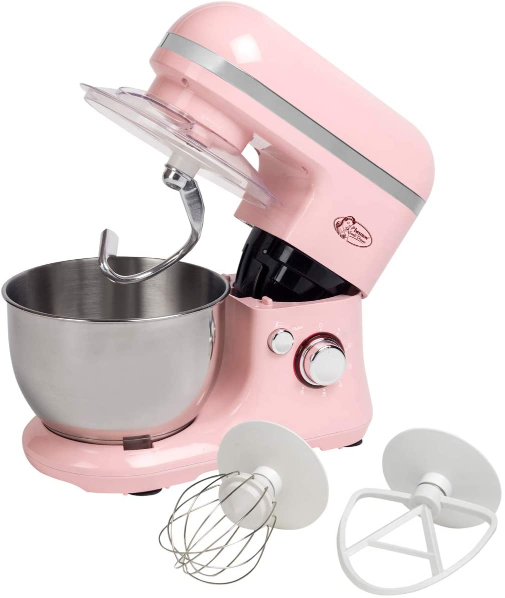 Bestron Sweet Dreams 1000 Watt Retro Design Food Processor with Whisk, Dough Hook and Stirring Arm - Pink