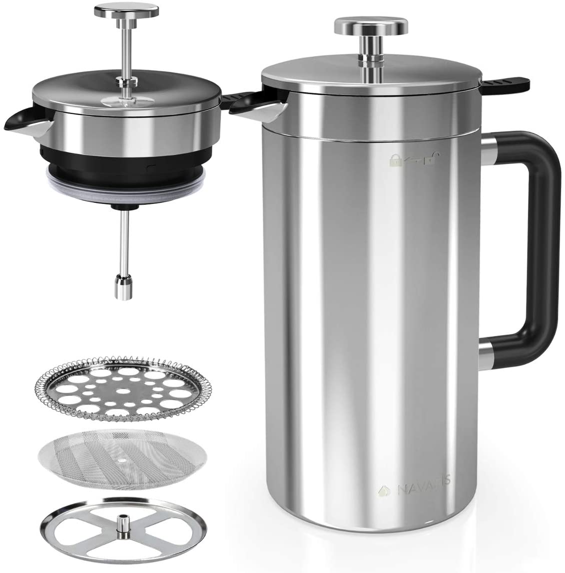 Navaris French Press Kaffeebereiter mit Thermofunktion - 1l Kaffeepresse Kaffeemaschine Kaffeekanne - hält bis zu 80 Min warm - spülmaschinenfest