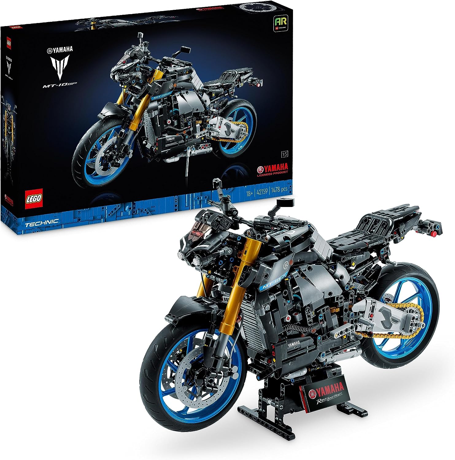 LEGO 42159 Technic Yamaha MT-10 SP Adult Motorcycle Model Kit, Authentic Vehicle Model with 4 Cylinder Engine, Functional Steering and AR App, Gift for Men and Women