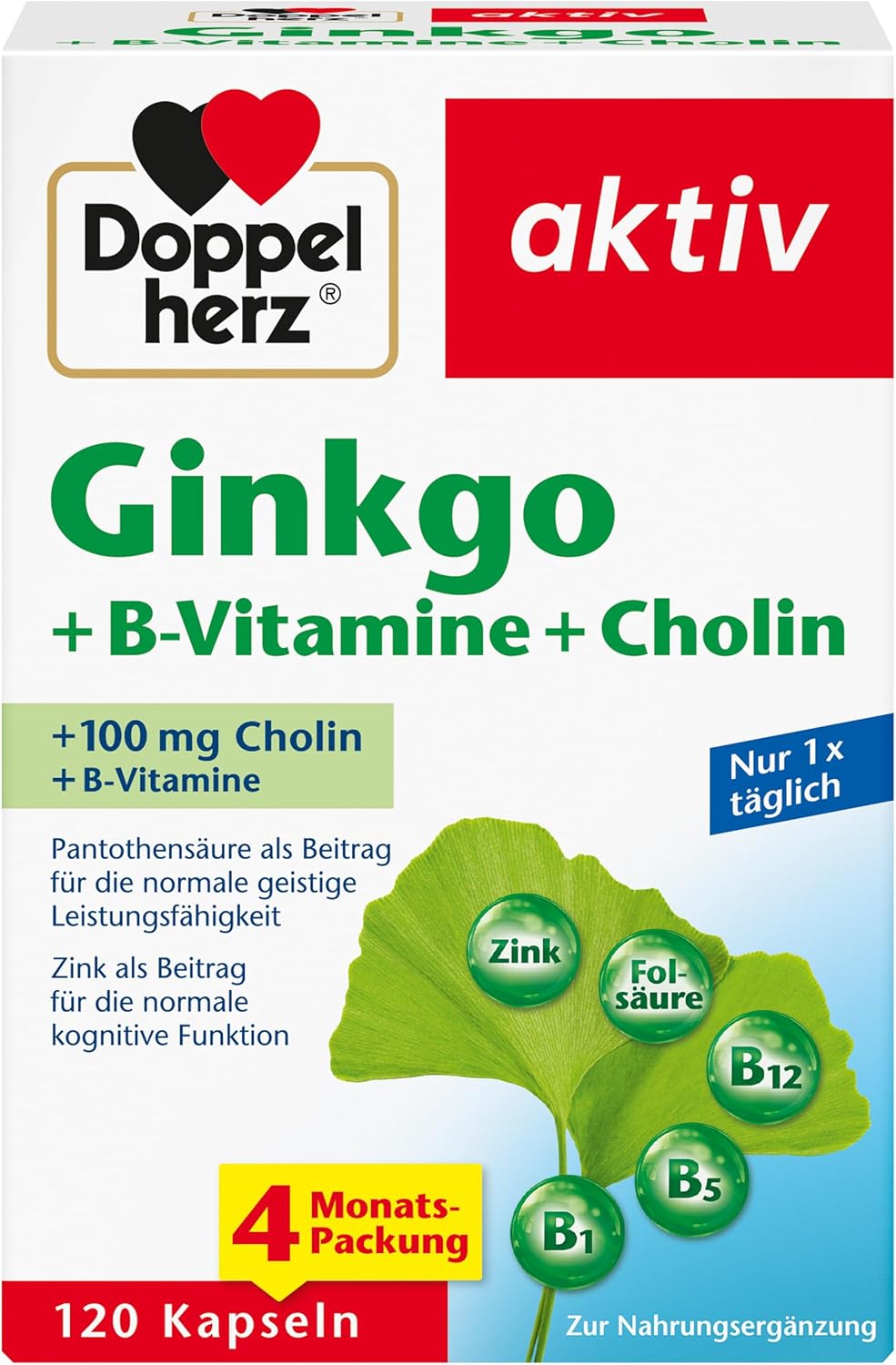 Doppelherz Ginkgo + B Vitamins + Choline - With Pantothenic Acid as a Contribution to Normal Mental Performance - 120 Capsules