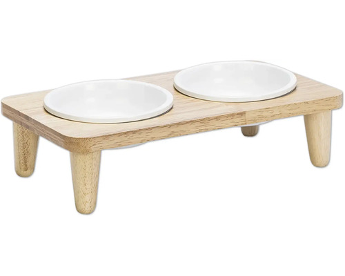 Double bowl designed by Lotte Dinner set Djeha wooden bowl stand approx. 35 x 19 x 9 cm with 2 ceramic bowls, dishwasher safe approx. 14 x 14 x 4.5 cm, 250 ml each
