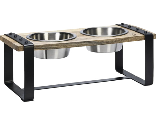 Double bowl designed by Lotte Dinner set Karinto wooden bowl stand approx. 48 x 22 x 18 cm with 2 stainless steel bowls, dishwasher safe, 650 ml each
