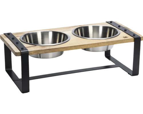 Double bowl designed by Lotte Dinner set Karinto wooden bowl stand approx. 56 x 28 x 18 cm with 2 stainless steel bowls, dishwasher safe, 1.3 l each