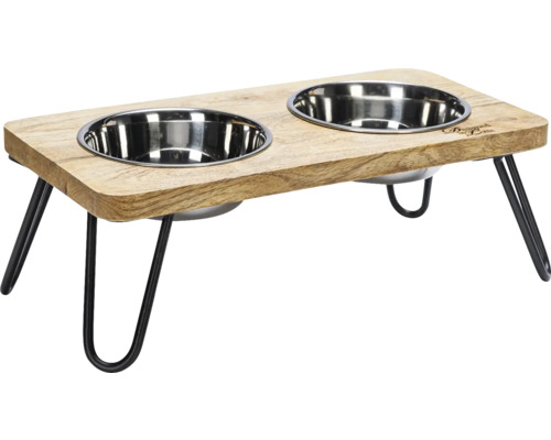 Double bowl designed by Lotte Dinner set Linga wooden bowl stand approx. 20 x 31 x 10 cm with 2 stainless steel bowls, dishwasher safe, 160 ml each