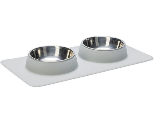 Double bowl Karlie dinner set Dex silicone bowl stand gray approx. 44 x 23 x 4.5 cm with 2 stainless steel bowls, dishwasher safe, 350 ml each