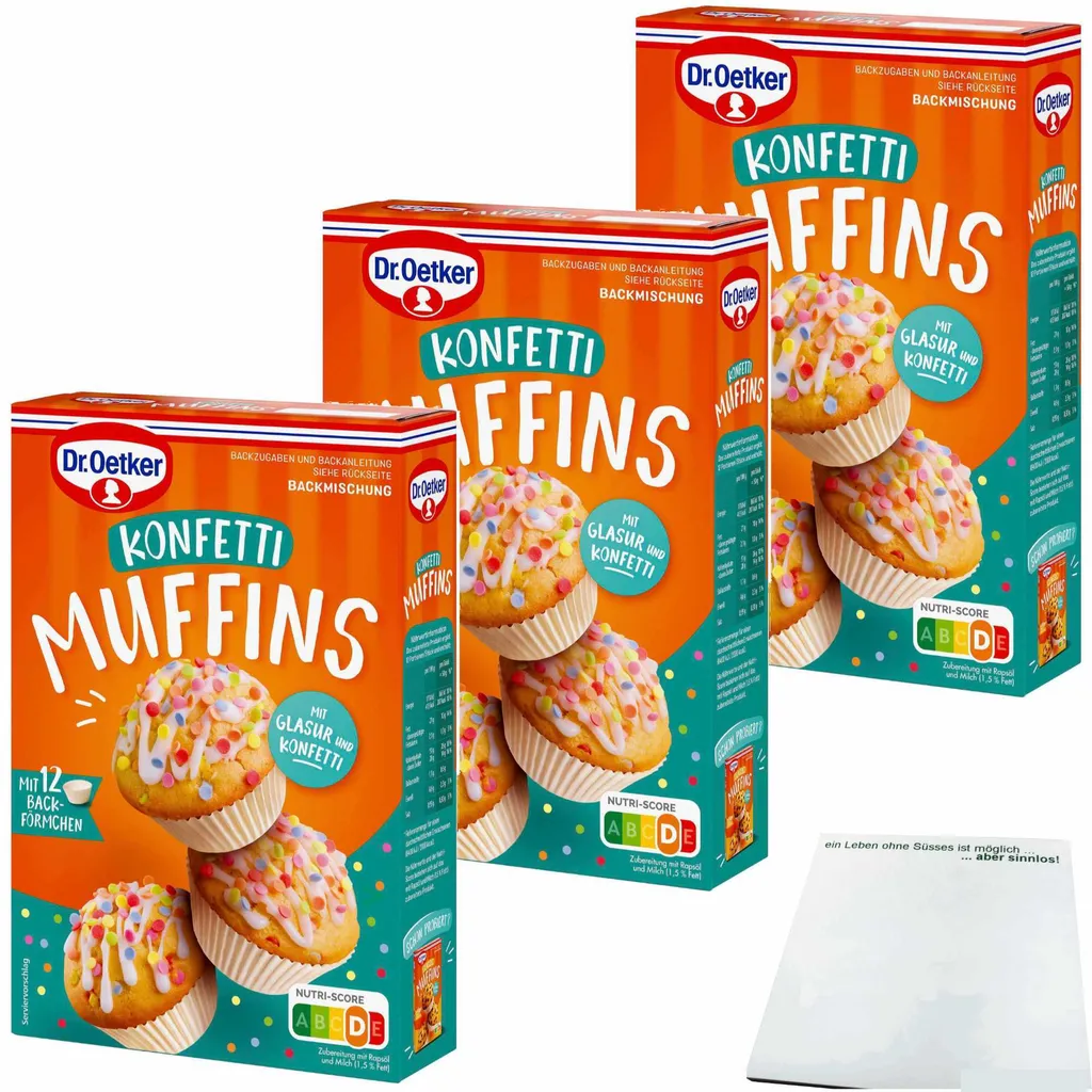 Dr. Oetker Baking Mix for Colorful Confetti Muffins with Baking Cups and Icing 3-Pack (3x325g Pack) + usy Block