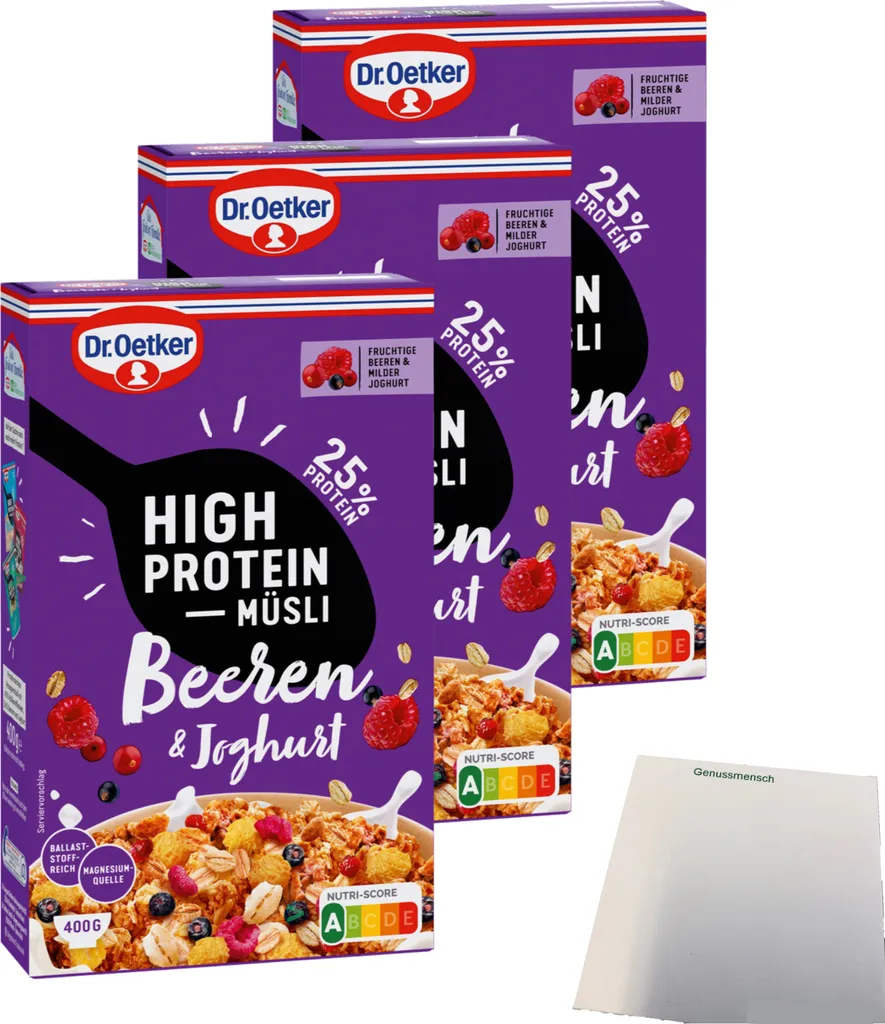 Dr. Oetker High Protein Müsli Beeren & Joghurt 3er Pack (3x400g Packung) + usy Block