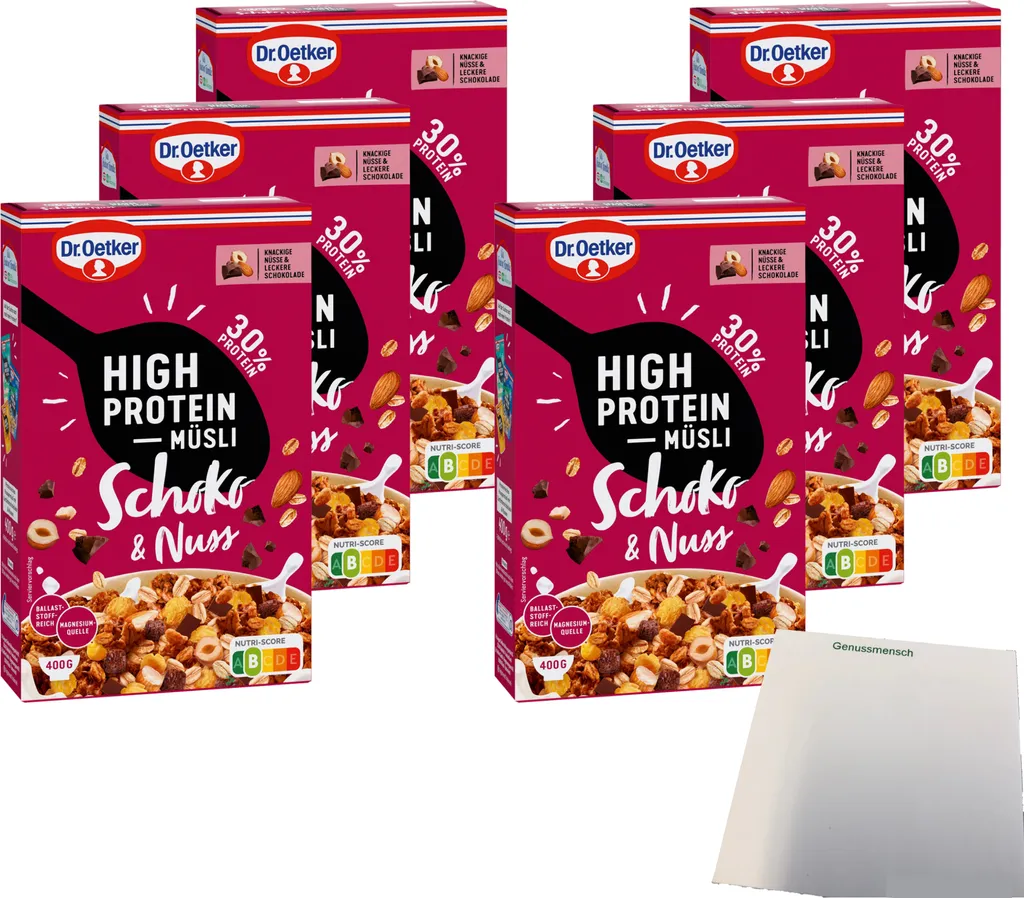 Dr. Oetker High Protein Müsli Schoko & Nuss 6er Pack (6x400g Packung) + usy Block