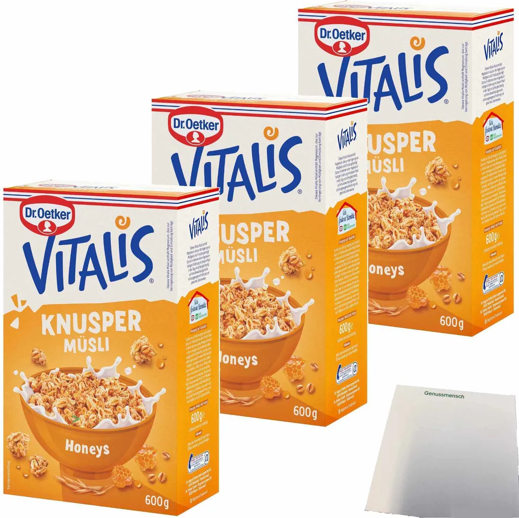Dr. Oetker Vitalis Knusper Müsli Honeys 3er Pack (3x600g Packung) + usy Block