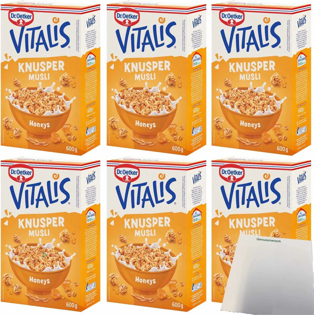 Dr. Oetker Vitalis Knusper Müsli Honeys 6er Pack (6x600g Packung) + usy Block