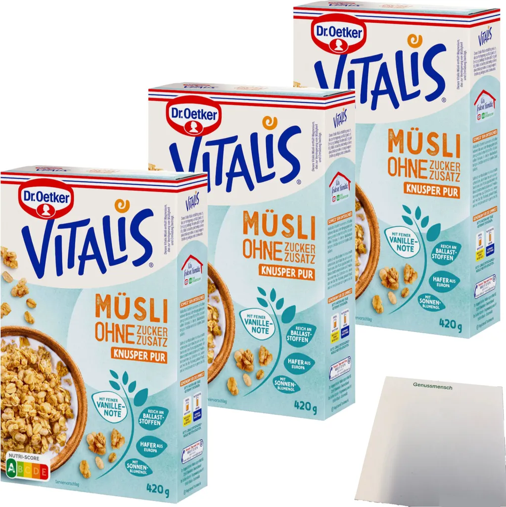 Dr. Oetker Vitalis Knusper-Müsli ohne Zuckerzusatz 3er Pack (3x420g Packung) + usy Block