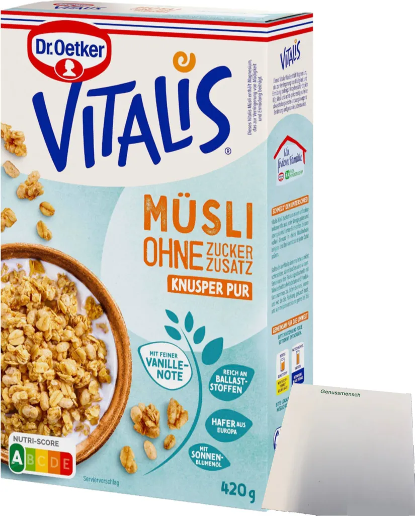 Dr. Oetker Vitalis Knusper-Müsli ohne Zuckerzusatz (420g Packung) + usy Block