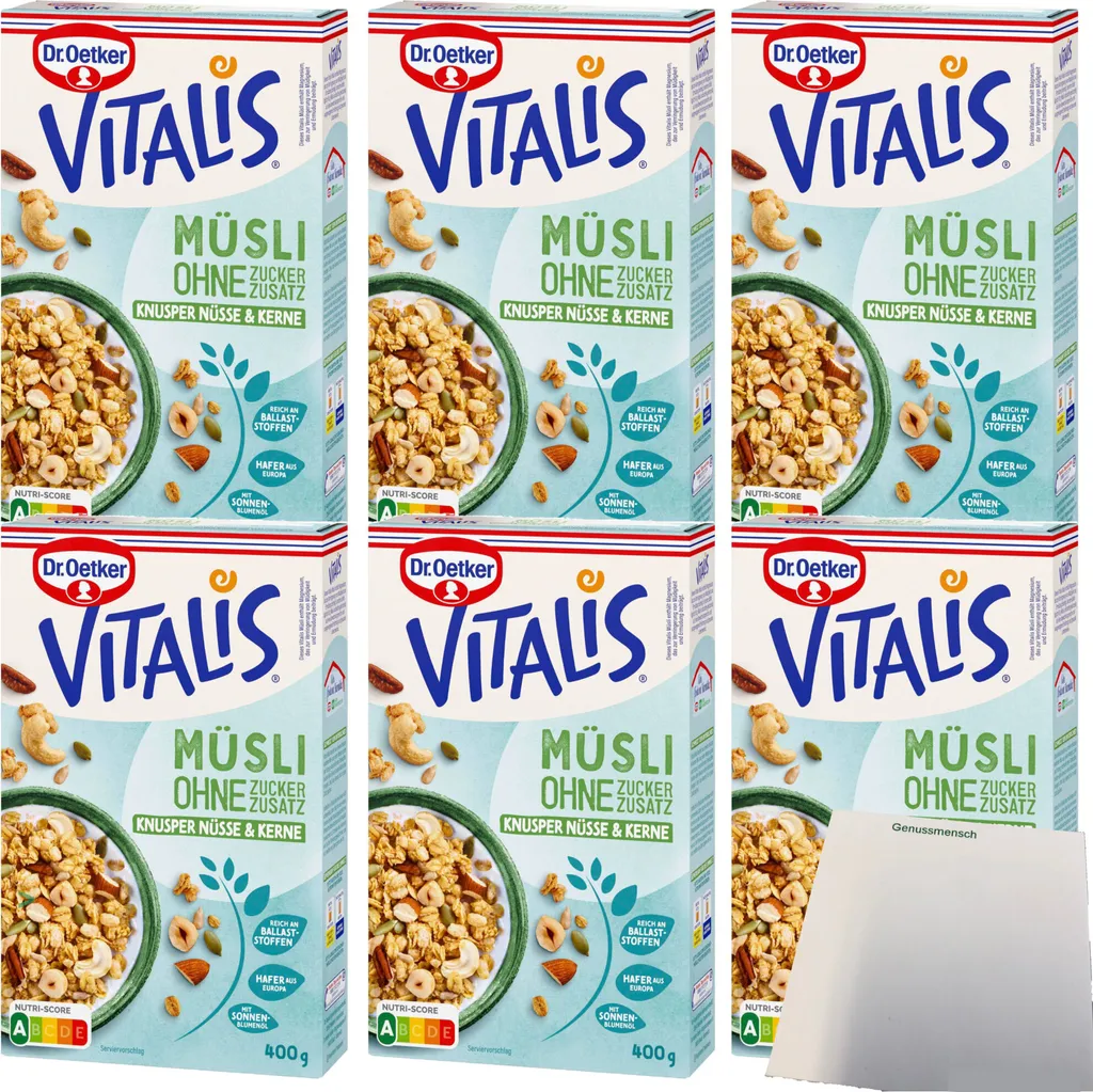 Dr. Oetker Vitalis Müsli Knusper Nüsse und Kerne ohne Zuckerzusatz 6er Pack (6x400g Packung) + usy Block