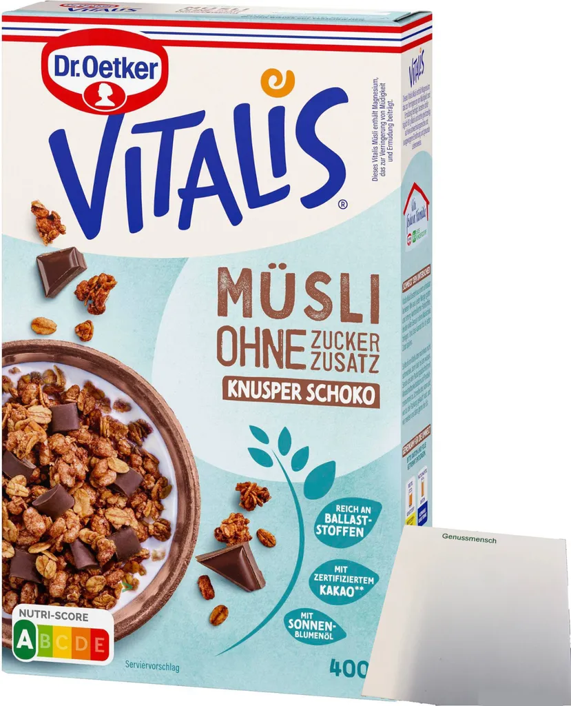 Dr. Oetker Vitalis Müsli Knuspermüsli Schoko ohne Zuckerzusatz (400g Packung) + usy Block