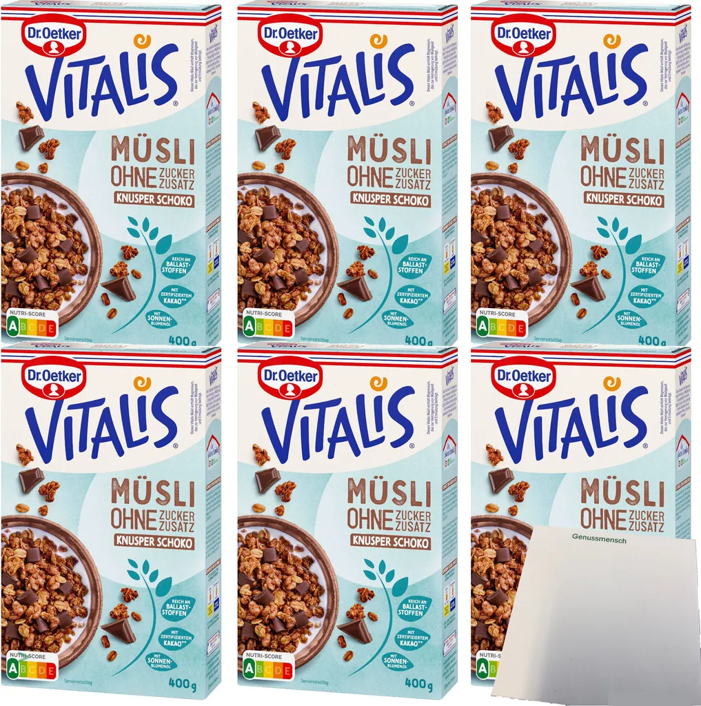 Dr. Oetker Vitalis Müsli Knuspermüsli Schoko ohne Zuckerzusatz 6er Pack (6x400g Packung) + usy Block