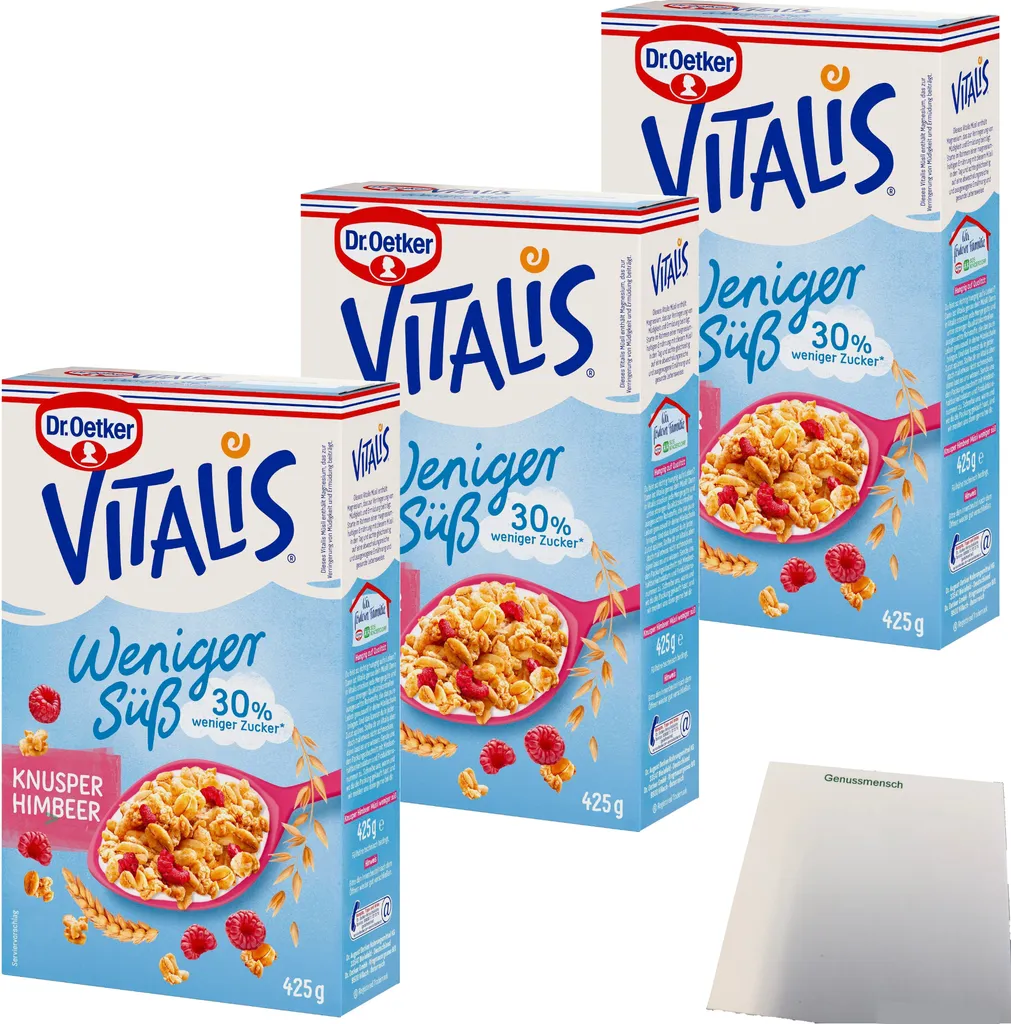 Dr. Oetker Vitalis weniger Süß Knusper Himbeere Müsli 3er Pack (3x425g Packung) + usy Block