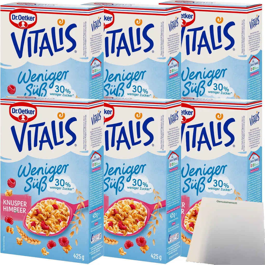 Dr. Oetker Vitalis weniger Süß Knusper Himbeere Müsli 6er Pack (6x425g Packung) + usy Block