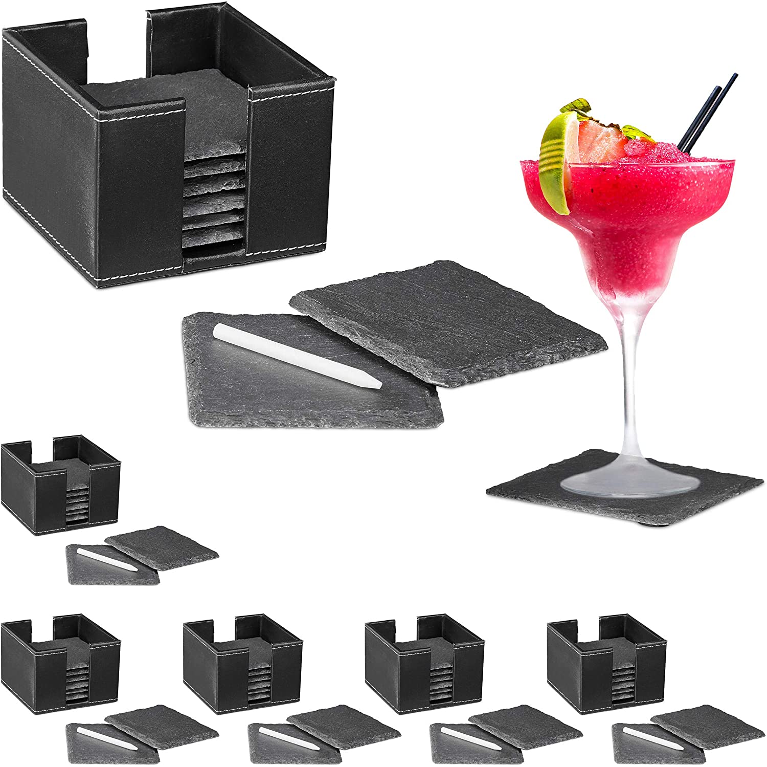 48 x Slate Coasters in a Set, Glass Coasters with 6 x Box, Chalk for Labelling, Square, 10 x 10 cm, Black