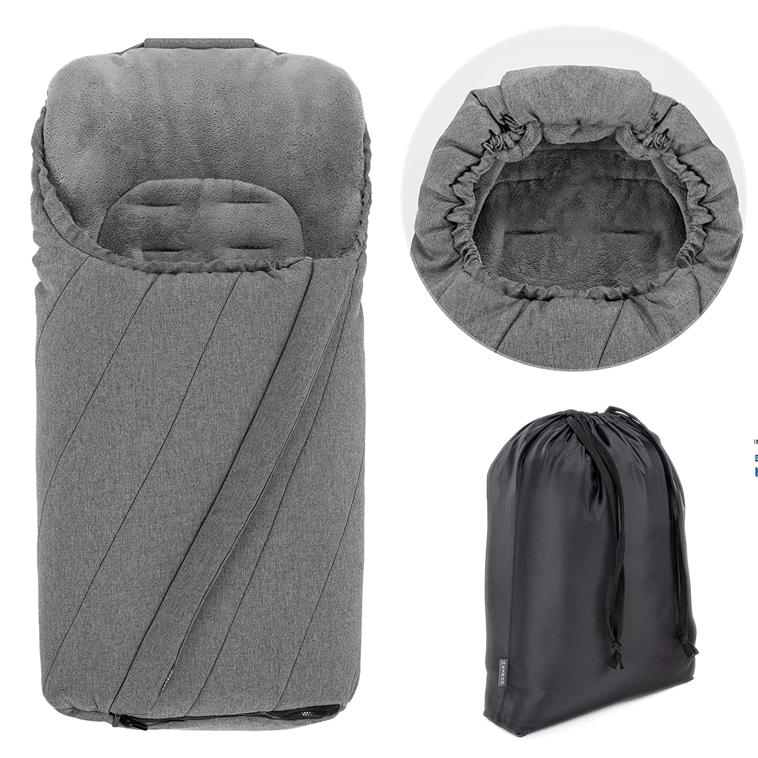 Universal footmuff for pram and pushchair. Anti-slip, soft, deluxe, Thermo Fleece and warm mummy-like hood, mottled, grey.