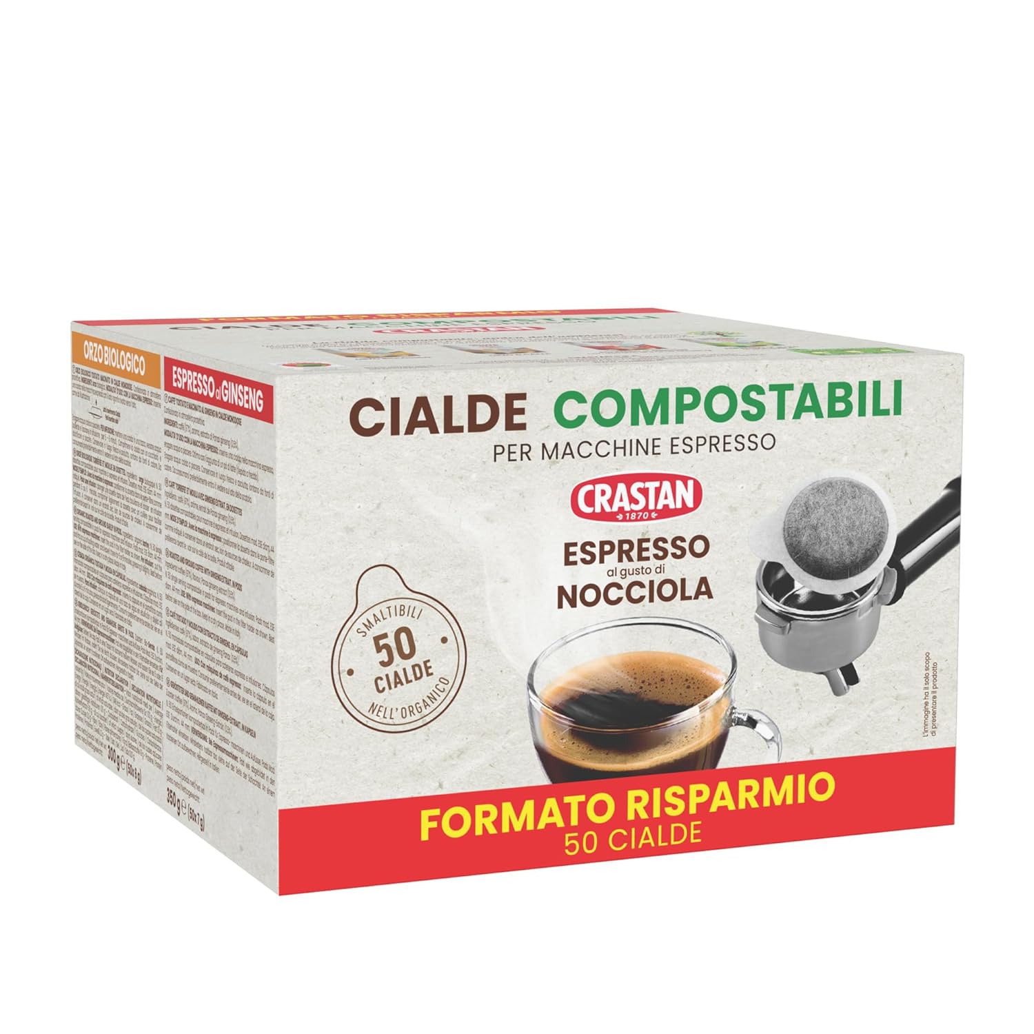 Crastan Pack of 50 Compostable ESE Hazelnut Coffee Pods, Espresso Compatible Coffee Pods, Made in Italy