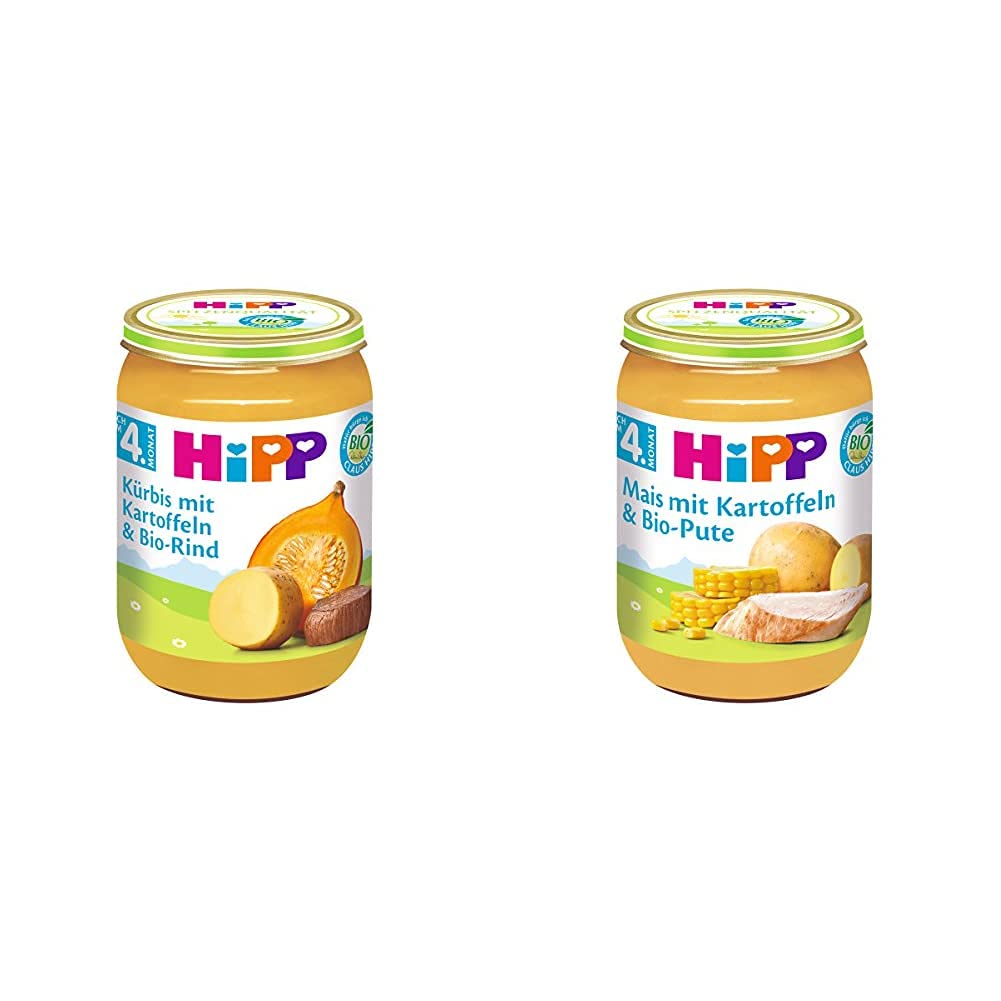 HiPP Kürbis mit Kartoffeln und Bio-Rind, 6er Pack (6 x 190 g) & Mais mit Kartoffelpüree und Bio-Pute, 6er Pack (6 x 190g)
