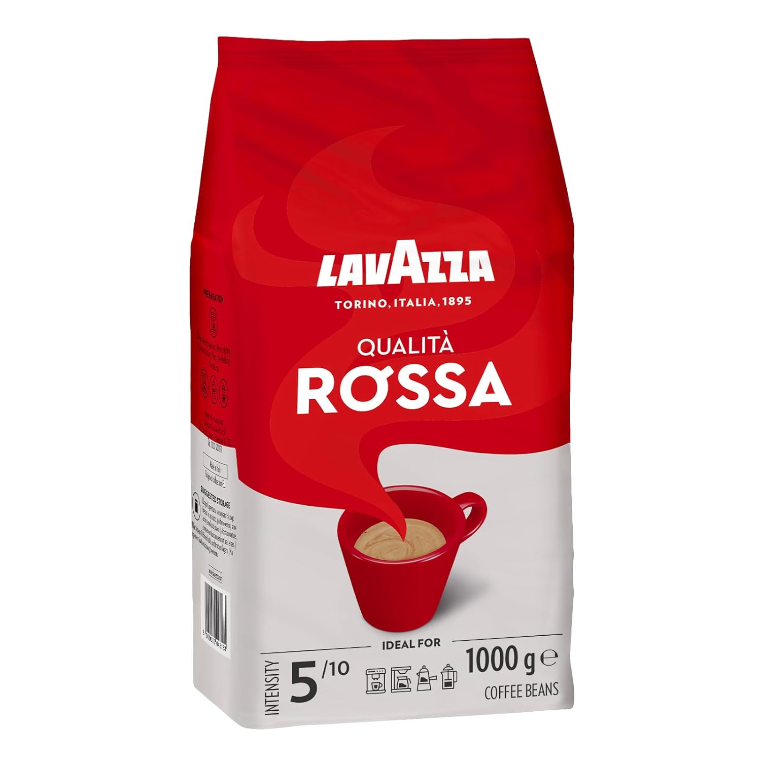 Lavazza, Qualità Rossa, Arabica & Robusta Coffee Beans with Flavors of Chocolate and Dried Fruit, Intensity 5/10, Medium Roast, 1 kg (Pack of 6)