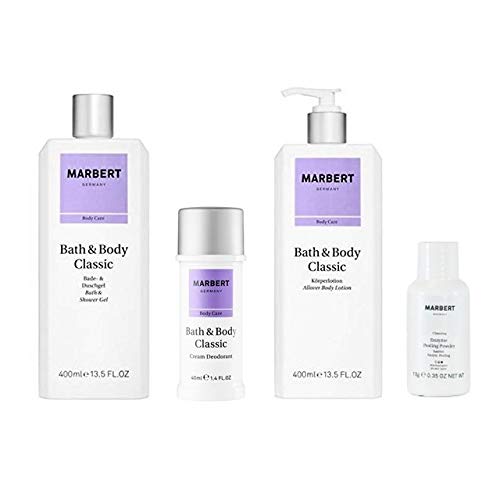 Marbert Bath & Body Classic Shower Gel 400 ml + Body Lotion 400 ml + Deodorant 40 ml + Enzymes Exfoliating Powder 10 g Free