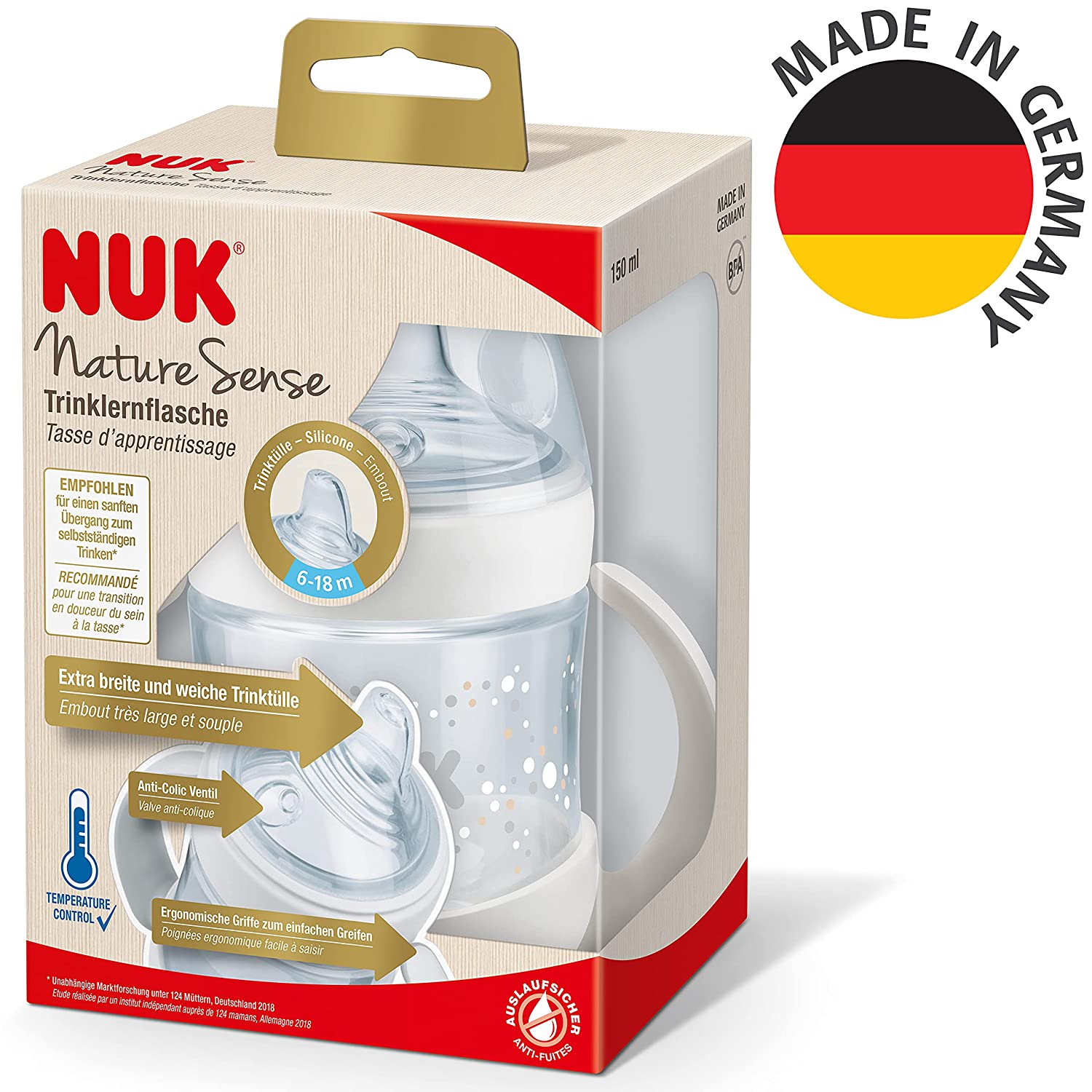 NUK Nature Sense Training Bottle | 6-18 Months | 150 ml | Temperature Control Display | With Ergonomic Handles and Anti-Colic Valve | Leak-proof Silicone Spout | BPA Free | White