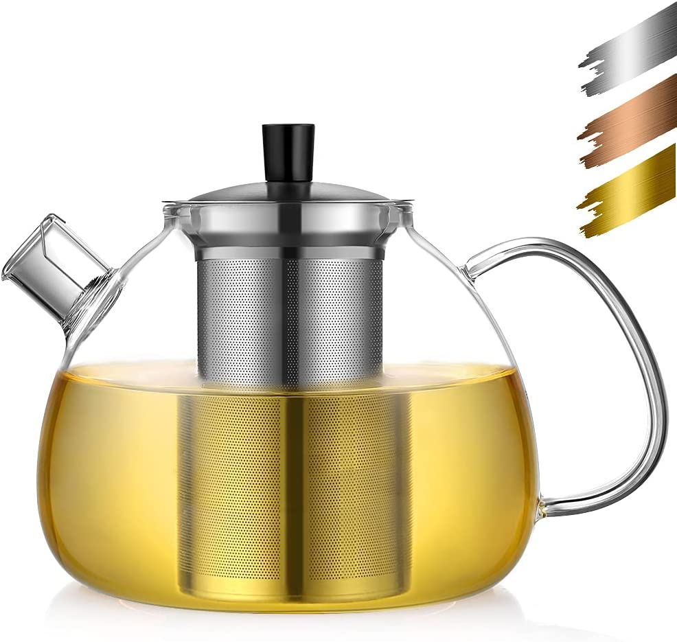 ecooe Original 1500 ml Silver Glass Teapot, Borosilicate Glass Tea Maker with Removable 18/8 Stainless Steel Strainer, Rustproof, Heat Resistant for Black Tea, Green Tea, Fruit Tea, Scented Tea Bags