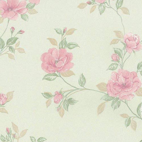 Md29437 – Silk Natural Motifs Of Flowers, Cream, Green, Wallpaper Pink Gall