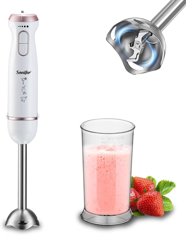 Electric Hand Blender, Stepless Speed, Stainless Steel, Two Pieces, Turbo Button, One-Touch Separation, 1000 W, Assorted Colours, White|Green|Pink (White)