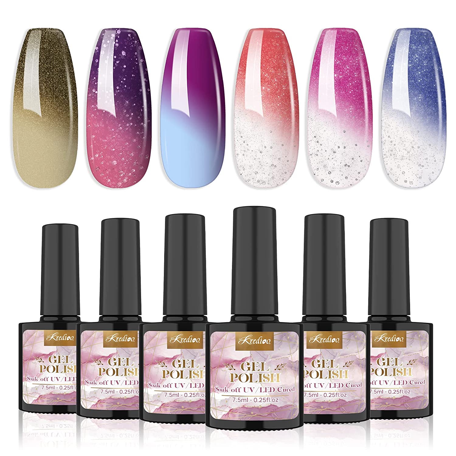 Kredioo UV Nail Polish Set 6 Pieces Colour Changing Gel Nail Polish Thermal Shellac Nail Polish Colour Gel with Base & Top Coat Gel Nails Set for Nail Studio Design DIY Home, ‎colour-changing