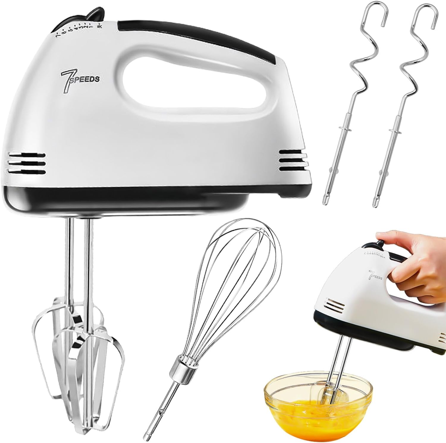 Electric Hand Mixer: 120 W Hand Mixer, 7 Levels Hand Mixer, Mixer, Includes 2 Whisks, 2 Stainless Steel Dough Hooks, 1 Whisk, Hand Mixer For Baking Kitchen Cakes, Egg Cream Food Beater