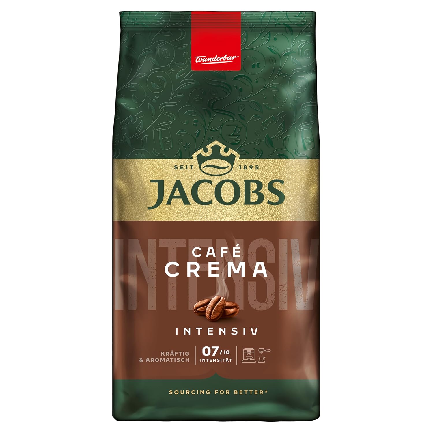 Jacobs Café Crema Intense Coffee Beans Intense with Cocoa & Nut Note, Roasted in Bremen, Intensity 7/10, Coffee Whole Beans, 1 kg