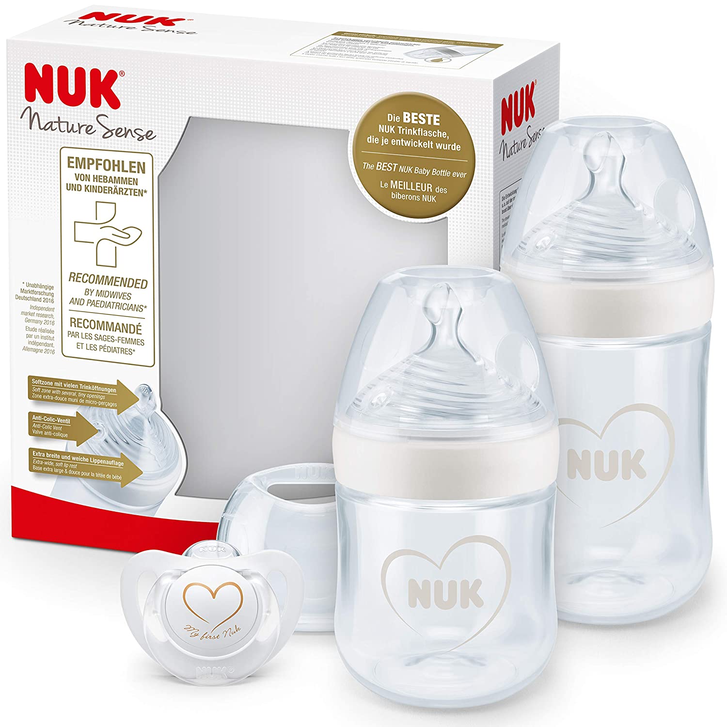 Nuk Nature Sense Baby Bottles | 0-18 Months | 2 x Anti-Colic Baby Bottles & Genius Pacifiers | BPA Free | Pack of 4 Start set beige
