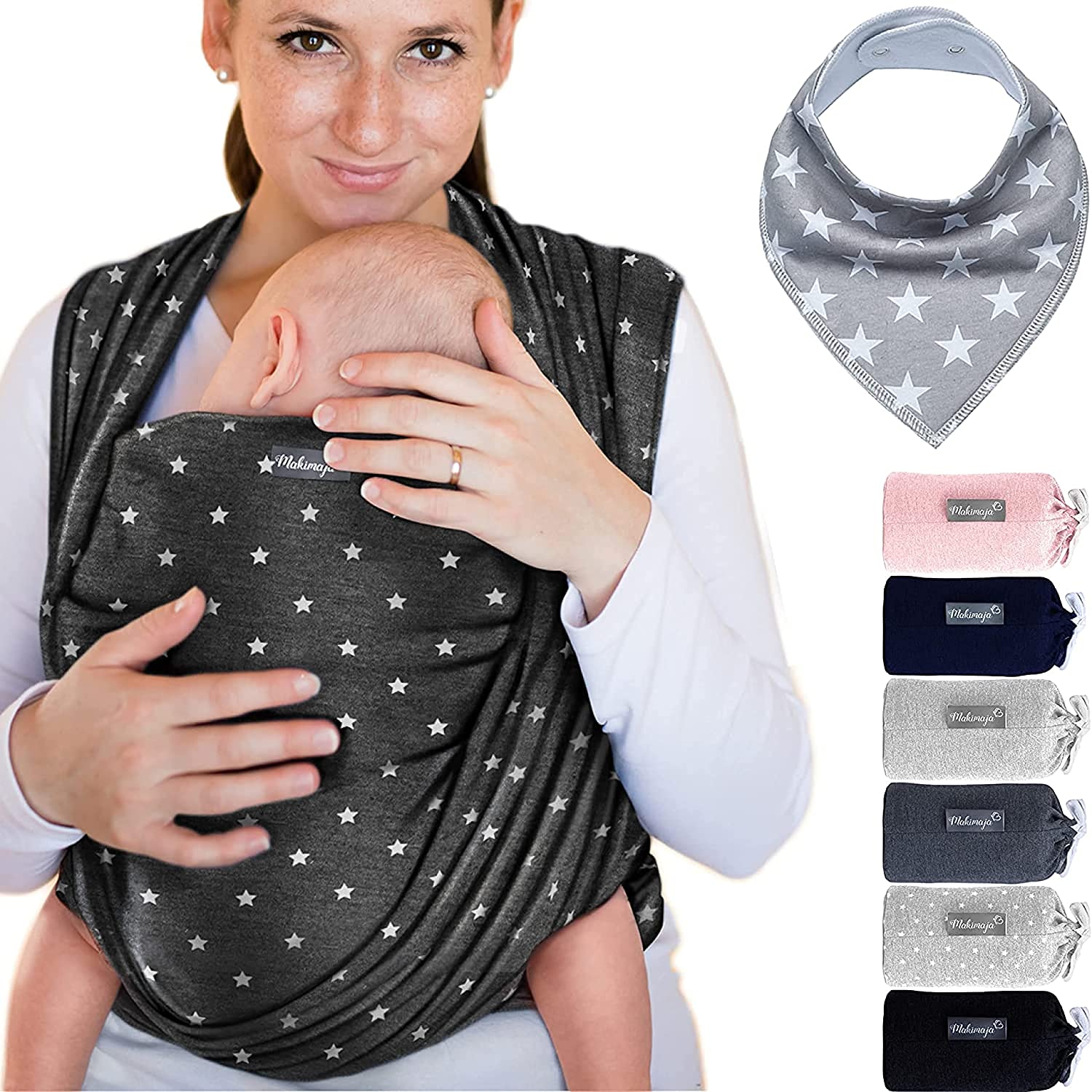 Makimaja 100% Cotton Baby Sling, Dark Grey, High Quality For Newborns and Babies up to 15 kg, Including Free Baby Bib