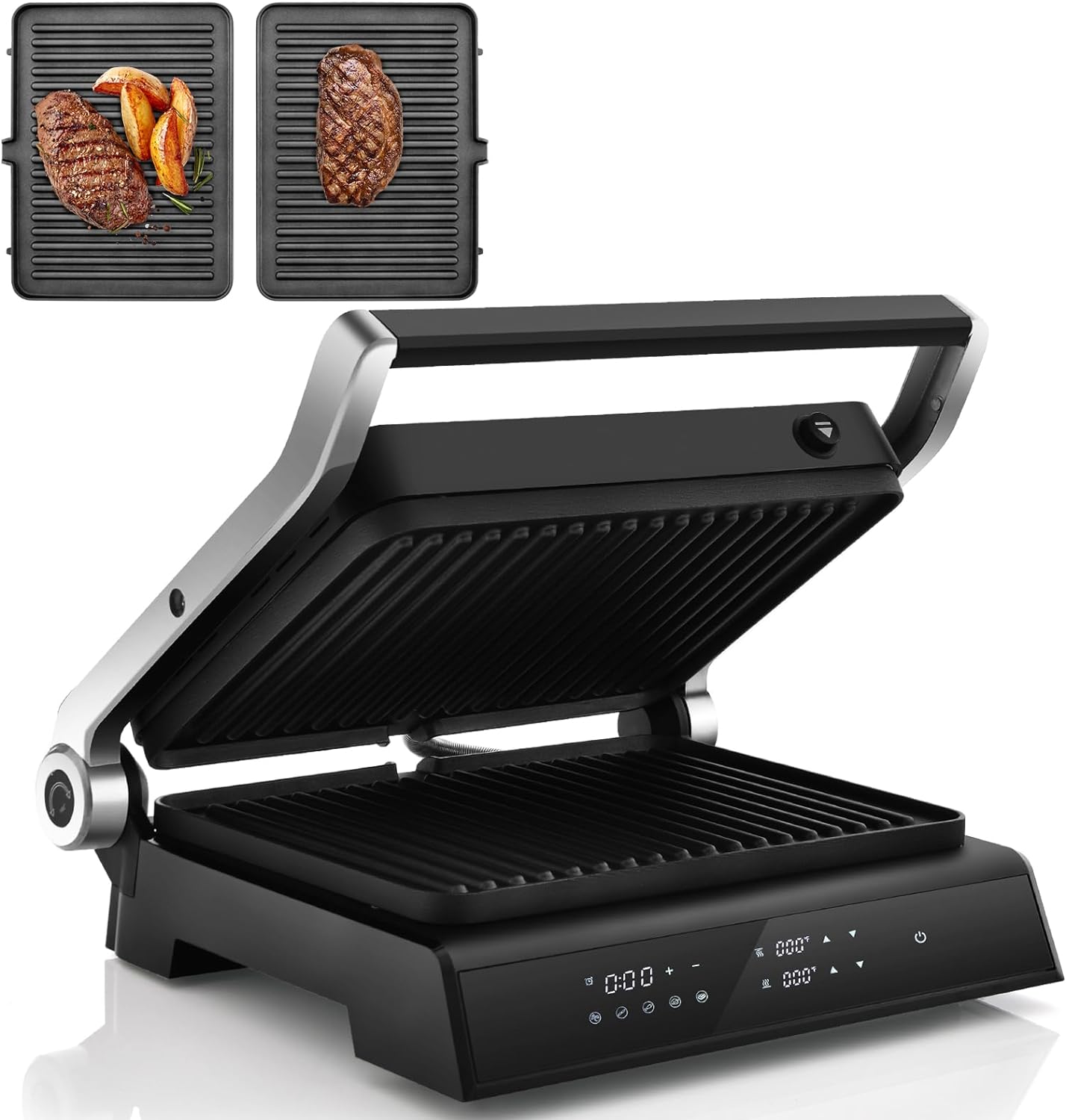 COSTWAY Contact Grill 1200 W Sandwich Maker, Electric Grill with LED Display & 4-Hour Timer & 2 Removable Grill Plates, 90℃-230℃ Temperature Setting