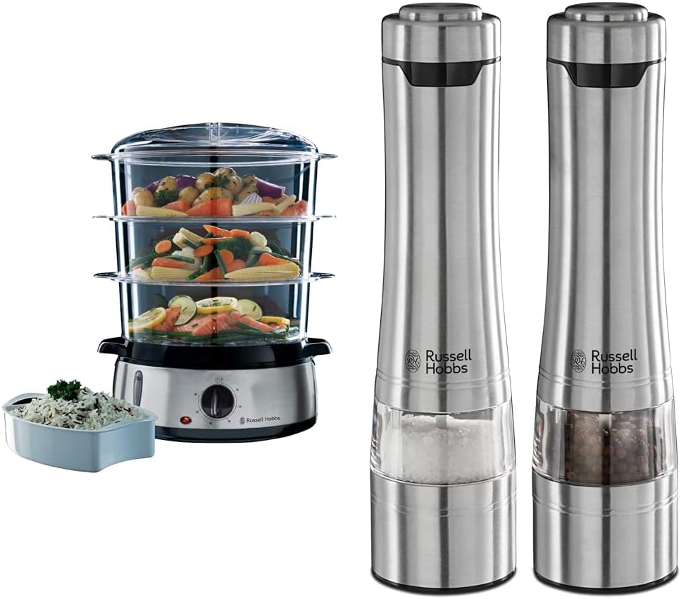 Bundle Set: Russell Hobbs Steamer [Normal Size] 9.0 L 19270-56 + Salt and Pepper Mill Electric [Set of 2] Stainless Steel 23460-56